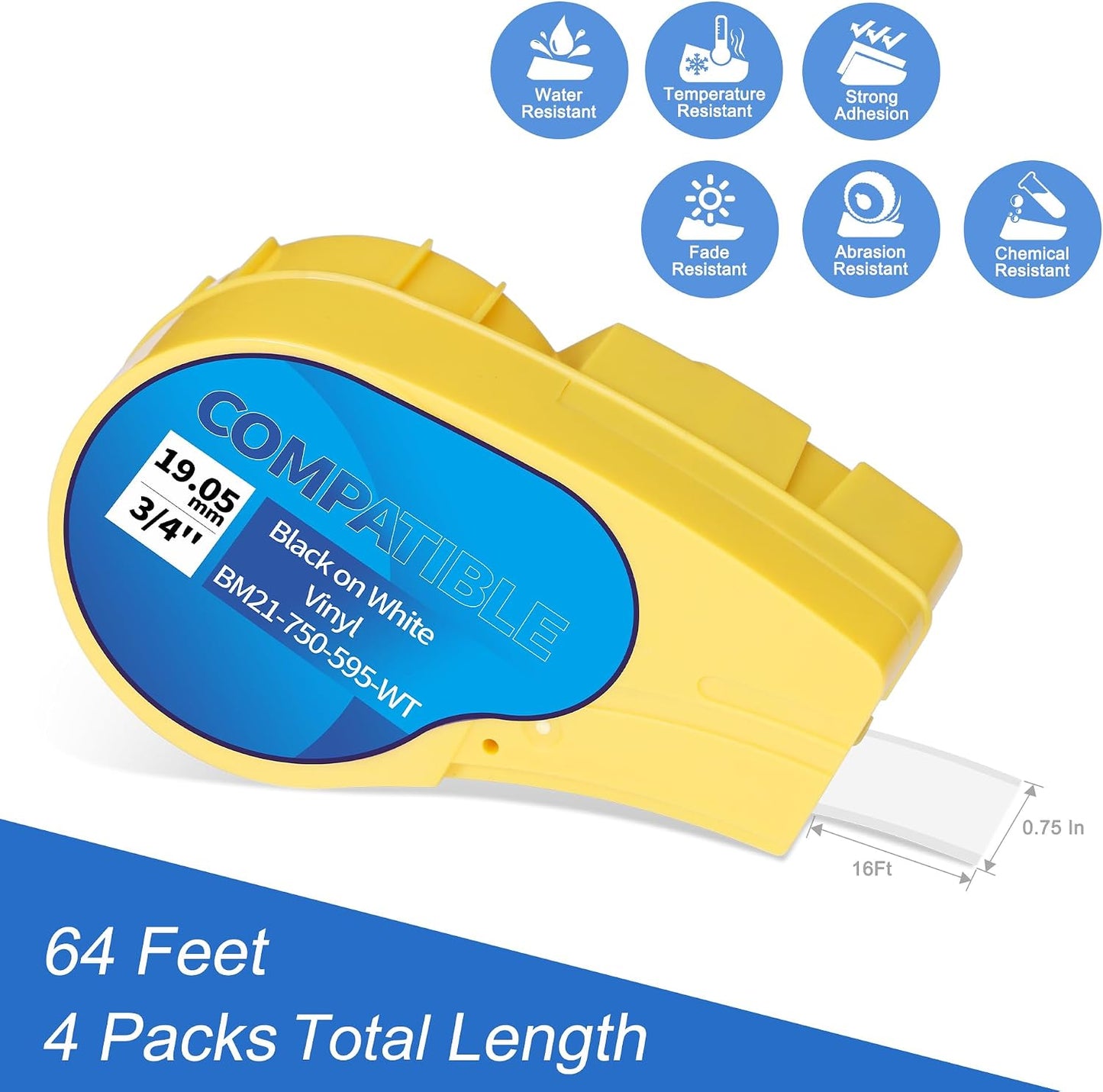 Brady M21 vinyl label tape with durable black text on white background