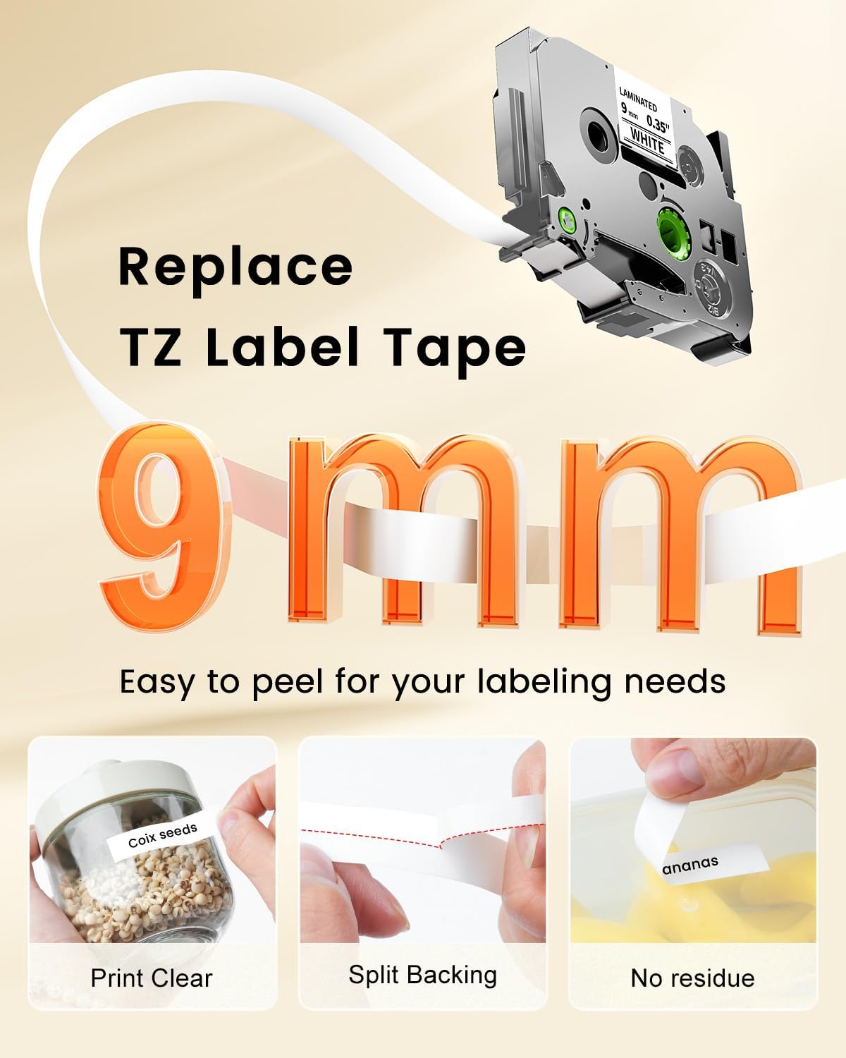 9mm Black Text on White Label Tape for Brother P-touch Label Makers.Easy Peel Label Tape with Clean Application and No Sticky Residue.
