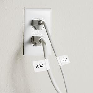 COLORTY wrap-style cable identification labels for household wall outlet power cords, alphanumeric tags A01 A02 mark wall plug wires to avoid power cord confusion in home electrical layout management