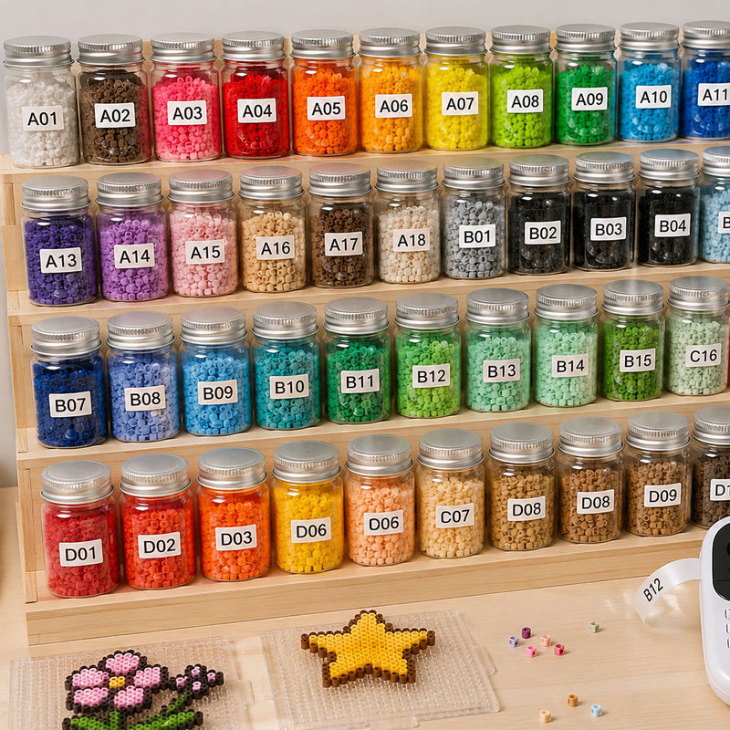 COLORTY D1 waterproof label tape craft bead storage organization, printed alphabet number identification labels on glass perler bead jars, tidy classification tags for DIY handmade craft material storage management