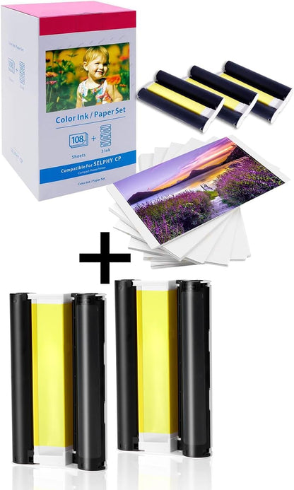 Compatible Replacement for Canon SELPHY KP-108IN Ink & Paper Value Bundle – 108 Sheets 4x6 Glossy Photo Paper + 3 Color Ink Cassettes (1 Standard + 2 Extra), for CP1500/CP1300/CP910 & More CP Series Printers