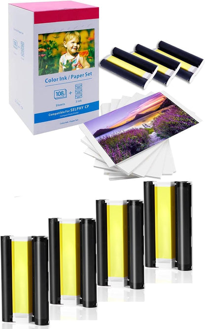 Compatible Replacement for Canon SELPHY KP-108IN Ink & Paper Value Bundle – 108 Sheets 4x6 Glossy Photo Paper + 3 Color Ink Cassettes (1 Standard + 4 Extra), for CP1500/CP1300/CP910 & More CP Series Printers