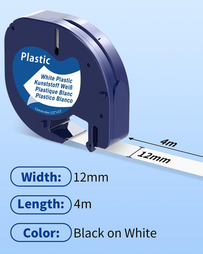 91331 Label Tape Replacement for Dymo LetraTag Label Maker Refills Plastic White 12mm x 4m 1/2 x 13 Work with Dymo Letra Tag LT-100H LT-100T QX50 200B 2000 Printer, Black on White