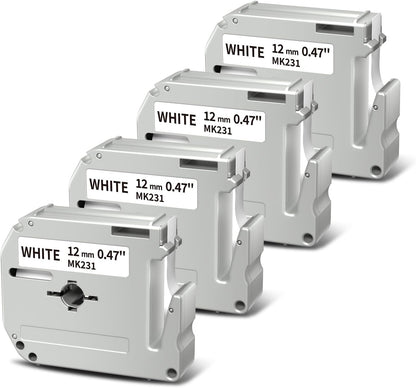 Brother M-K231 Compatible 12mm Black on White Label Tape – 4 Rolls x 8m, for PT-M95/PT-90/PT-80/PT-70 Label Makers