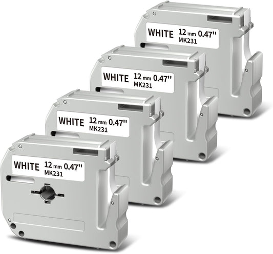 Brother M-K231 Compatible 12mm Black on White Label Tape – 4 Rolls x 8m, for PT-M95/PT-90/PT-80/PT-70 Label Makers