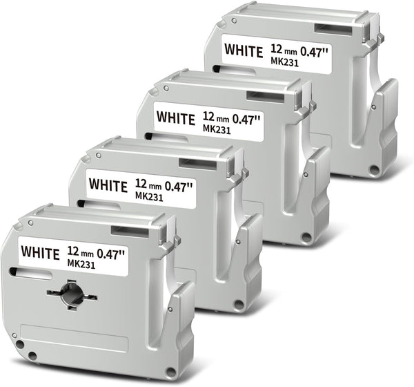 Brother M-K231 Compatible 12mm Black on White Label Tape – 4 Rolls x 8m, for PT-M95/PT-90/PT-80/PT-70 Label Makers