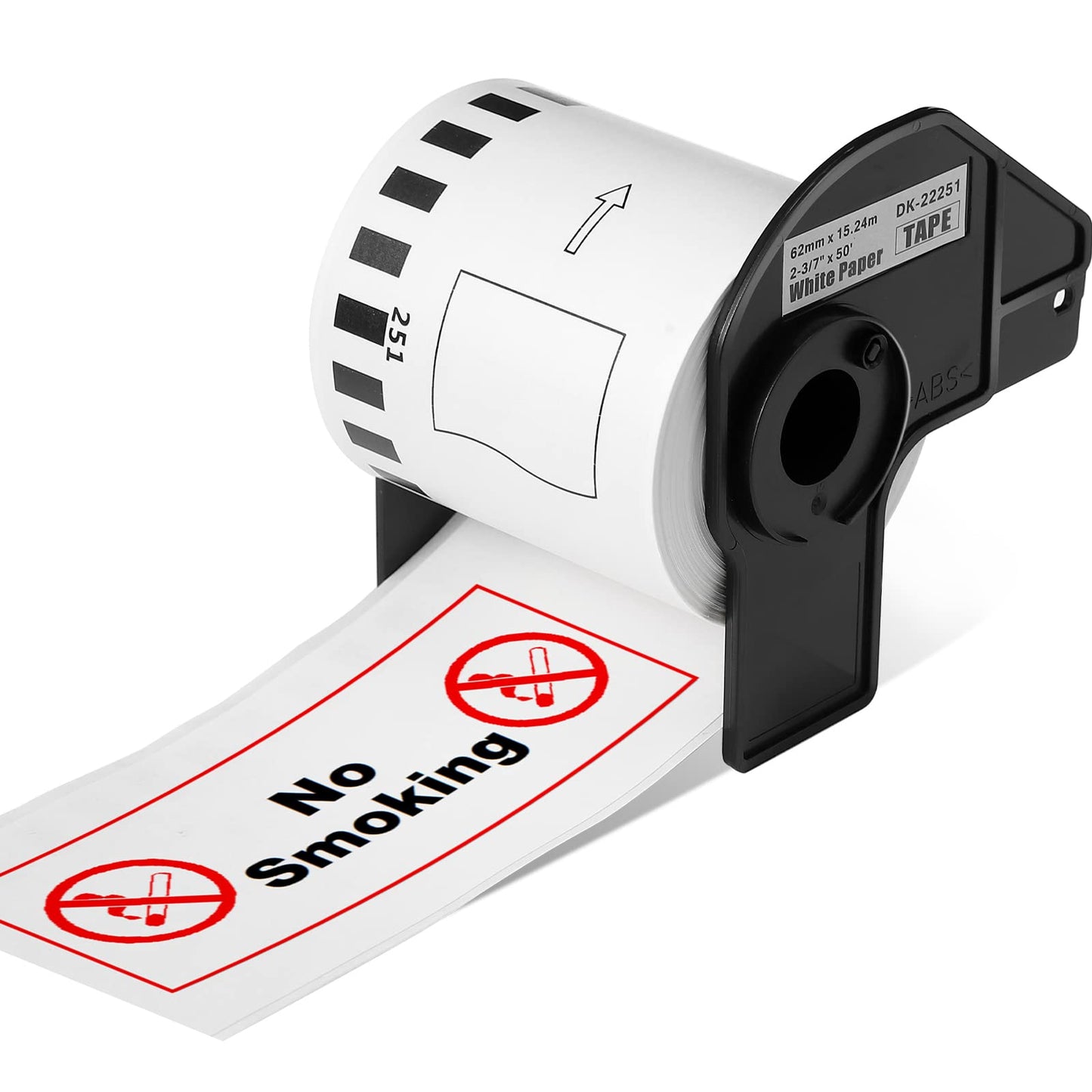 DK-2251 continuous paper label roll with black and red printing on white background