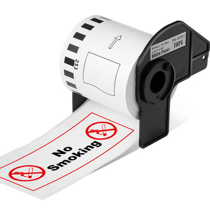 DK-2251 continuous paper label roll with black and red printing on white background