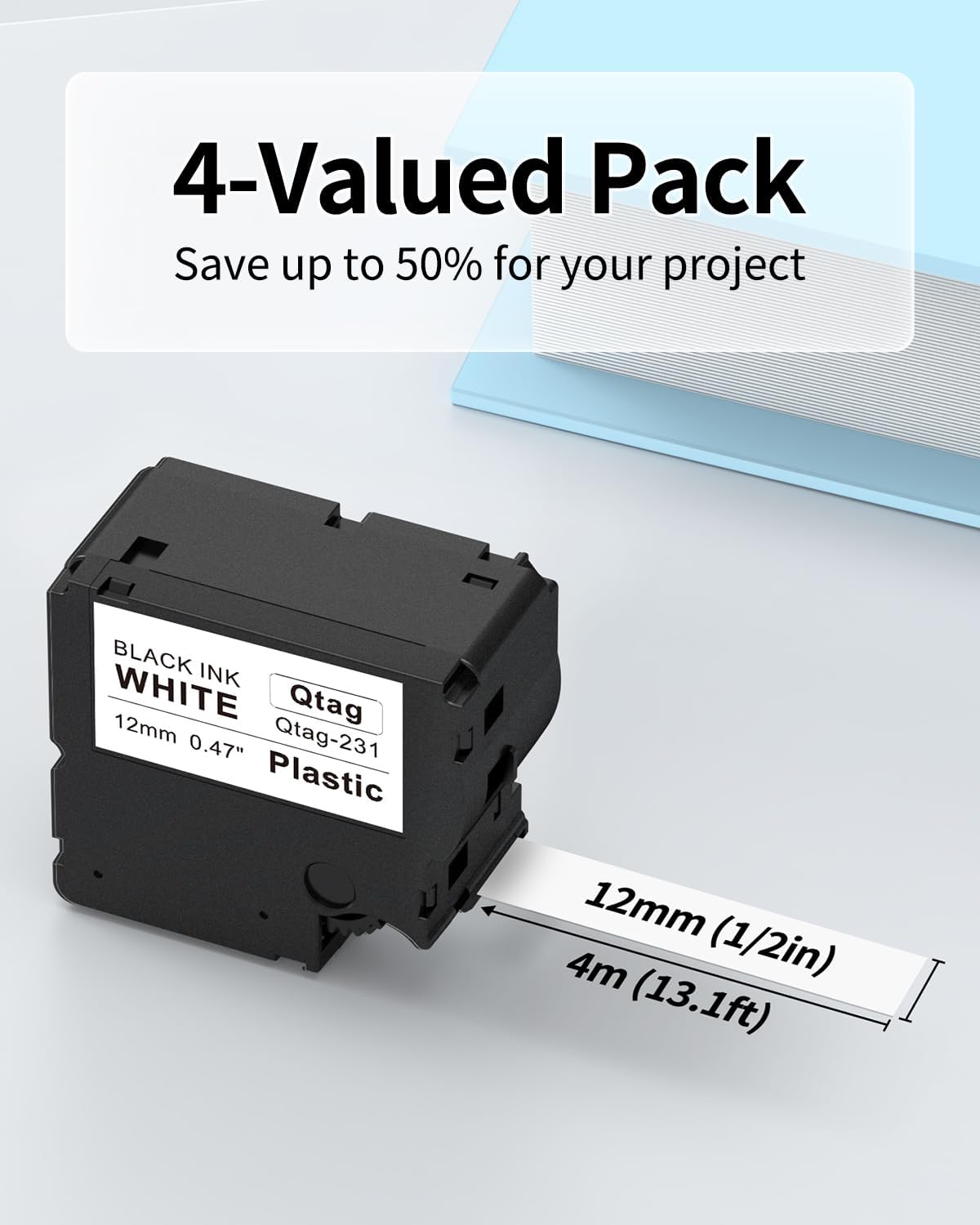 Compatible with Brother P-Touch BTAG231 Label Tape, 12mm (1/2") Black on White Tape Refills, for PT-N10 PT-N20 PT-N25BT