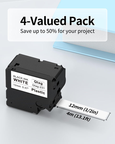 Compatible with Brother P-Touch BTAG231 Label Tape, 12mm (1/2") Black on White Tape Refills, for PT-N10 PT-N20 PT-N25BT