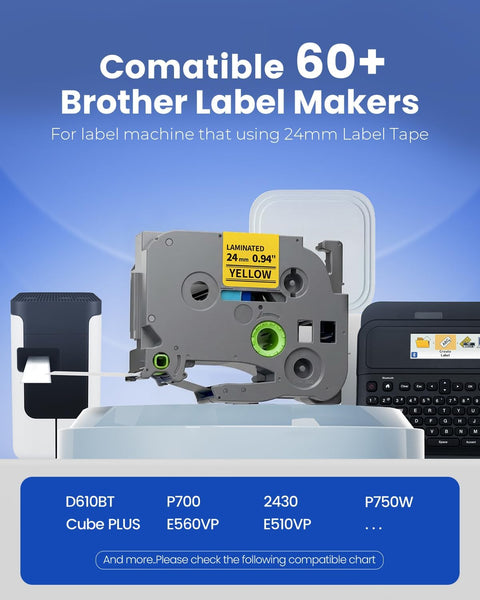TZe-651 Replacement for Brother P Touch Label Tape 24mm Yellow Compatible with Brother Label Maker Tape 1 Inch TZe TZ 24mm 0.94 Laminated for Ptouch PT-D600 PT-D610BT PT-P710BT PT-P750W