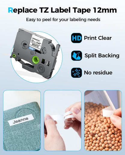 Easy Peel Split Back Label Tape Design for Fast and Clean Application.Strong Adhesive White Label Tape Sticks to Plastic Metal Glass and Wood Surfaces.Clear and Professional Labels Made with Brother Compatible TZe-231 Tape
