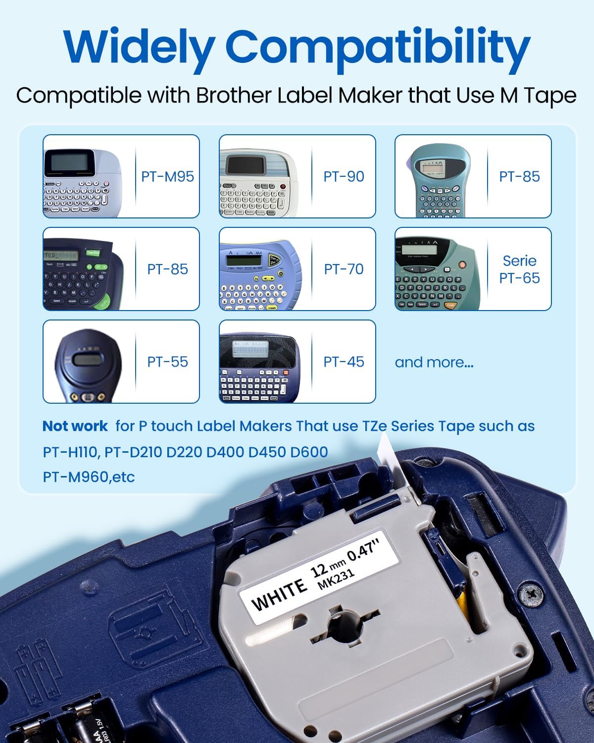 Compatible with Brother P Touch M Tape M-K231 12mm 1/2" White Label Tape | MK231 M-K231S M231 M-231 1/2" 12mm Black on White, for PTouch Label Maker PT-M95 PT-90 PT-80 PT-70 PT-65 PT-45