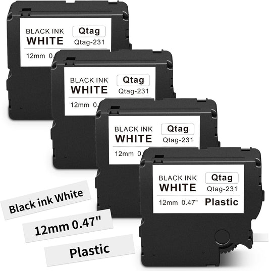 Compatible with Brother P-Touch BTAG231 Label Tape, 12mm (1/2") Black on White Tape Refills, for PT-N10 PT-N20 PT-N25BT