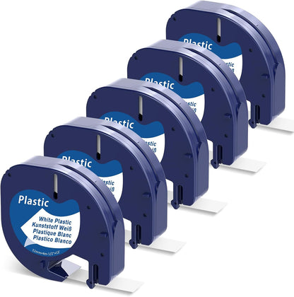 Dymo LetraTag 91331 Compatible 12mm White Label Tape – Black on White, 5 pack for LT‑100H/LT‑200B/LetraTag Plus/XM/XR Label Makers