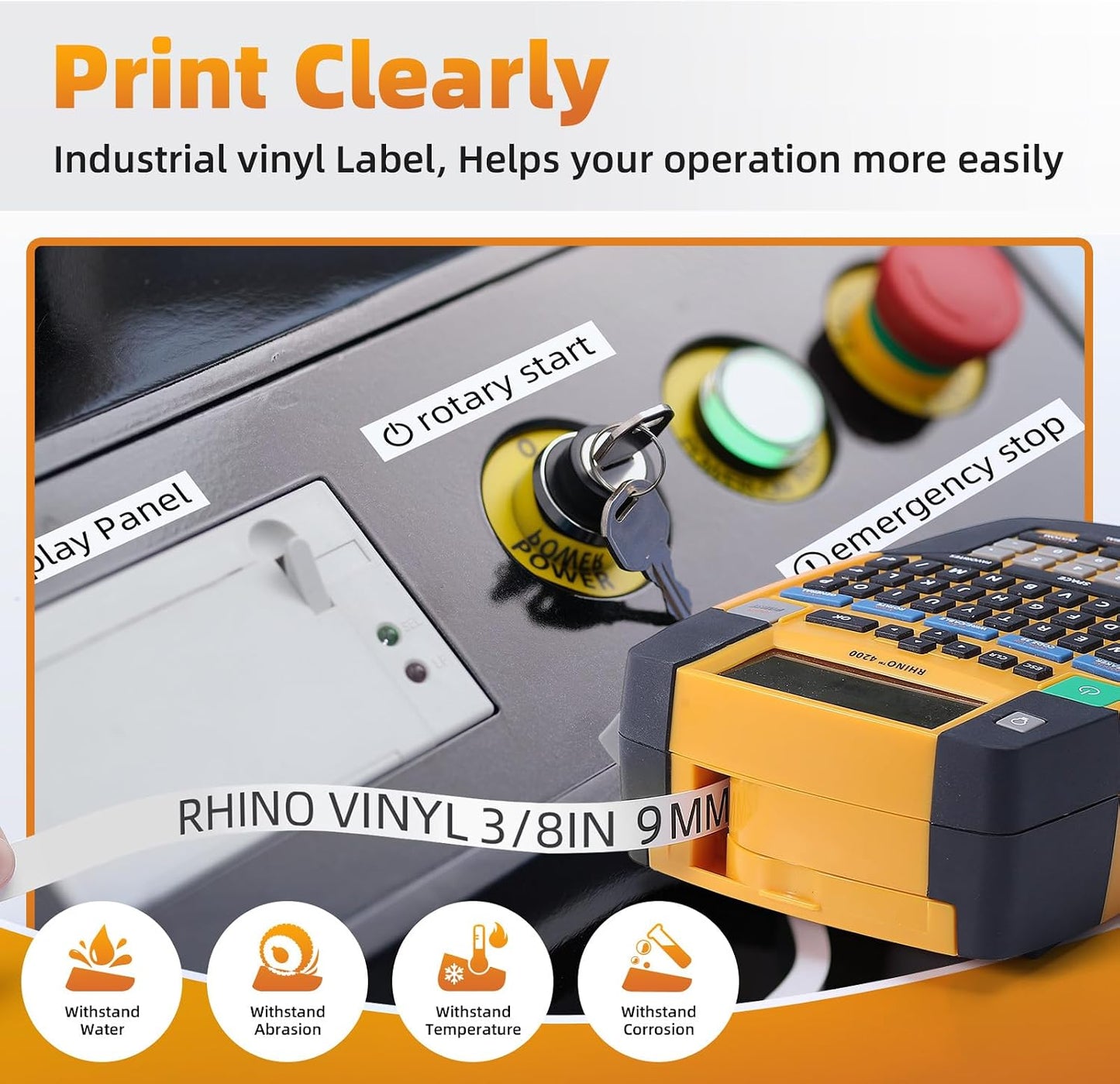 Compatible with Dymo Rhino 18443 9mm 3/8" x 18' Permanent Vinyl Label Tape Colorty a18443 9 mm Industrial Labels, Work for Rhino 1000 3000 4200 5000 5200 6000 Label Maker, Black on White, 5-Pack