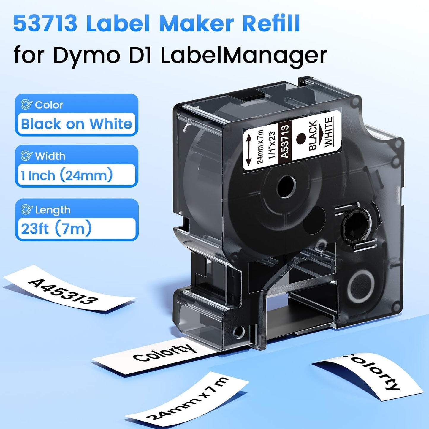 6 Pack Compatible with DYMO D1 53713 24mm 1 Inch Label Maker Tape Refills | 53713s 24mm x 7m Black on White A53713 1" x 23'Label Tape,Compatible with Dymo LabelManager 400 450Duo 450D 640 500TS PnP