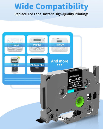 Brother TZe-335 Compatible Label Tape 12mm White on Black – Laminated TZ Tape for P-Touch PT-D220, PT-P300BT, P700BT | Colorty