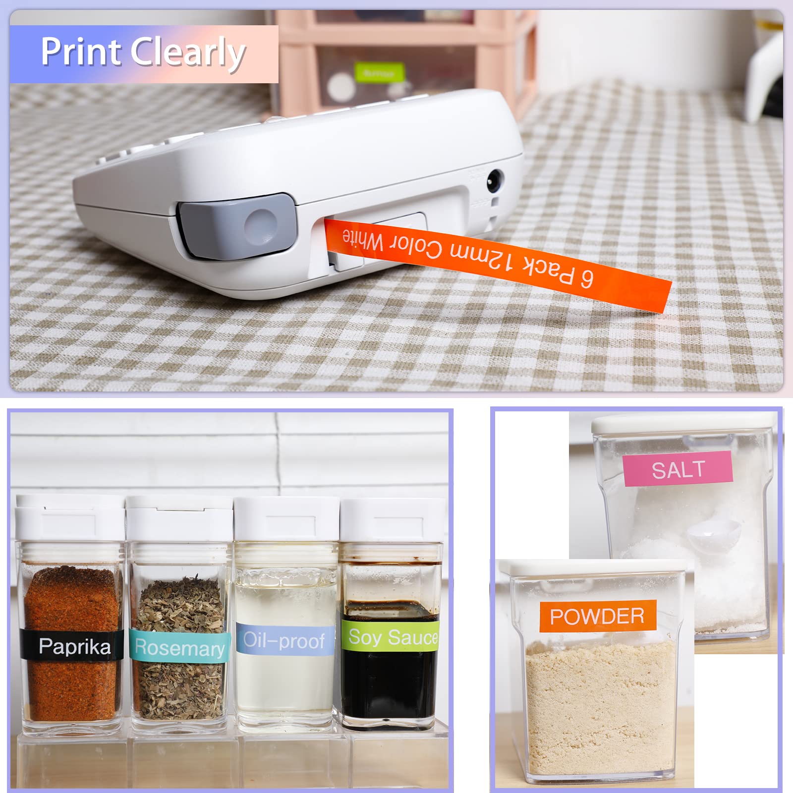 Clear print demo of 12mm colored laminated TZe label tape for Brother P-Touch label maker, orange ribbon printed from label machine, colorful custom tags for kitchen spice storage jars, home pantry organization labeling sample