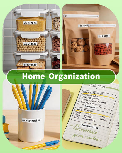 COLORTY 91330 white paper tape for Dymo LetraTag used for home organization, labeling pantry jars, food storage bags, pen holders, and notebooks.
