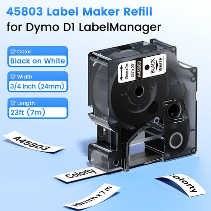 6 Pack 19mm Compatible with DYMO D1 45803 3/4" x 23' Label Maker Tape Refill | 45803s A45803 Black on White 3/4 in Label Tape, Compatible for Dymo LabelManager 300 360D 420P 450D 500TS 450 Duo, 19mm x 7m