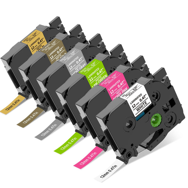 Compatible Replacement for Brother TZe 12mm Mixed Color Label Tape 6‑Pack – Assorted Styles (White/Black Text on White/Berry Pink/Lime Green/Matte Light Grey/Satin Gold), Laminated & Durable, for PT‑D210/PT‑D600/PT‑P750W & More Printers