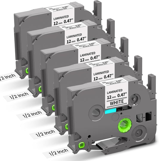 Compatible Brother TZe-231 Label Tape 12mm (0.47") Black on White - 8m Laminated Replacement for P-touch PT-D210, H110, D400 (TZe231 / TZ-231) ,5 pack- Colorty