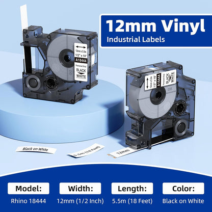 DYMO Rhino Compatible Vinyl Label Tape 18443 18444 18445, Rhino Labels, Black on White, 3/8" 1/2" 3/4", for Rhino Label Makers