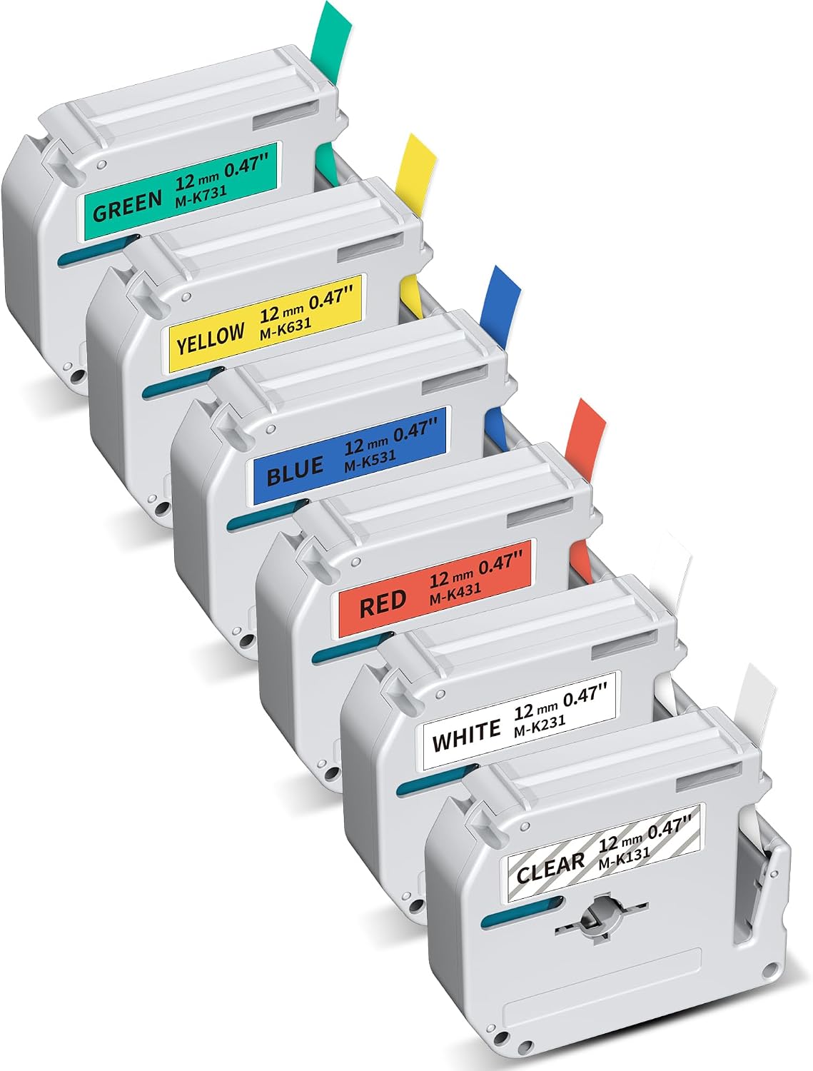 Brother M-K231S Compatible 6-Pack Color Combo Label Tape – 12mm x 8m, Assorted Colors (Clear/White/Red/Blue/Yellow/Green) for P-touch PT-M95/PT-80/PT-90