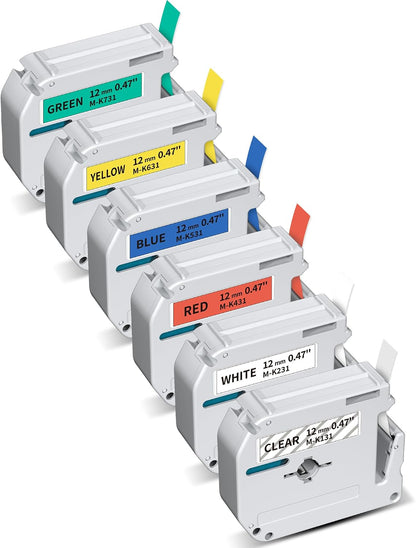 Brother M-K231S Compatible 6-Pack Color Combo Label Tape – 12mm x 8m, Assorted Colors (Clear/White/Red/Blue/Yellow/Green) for P-touch PT-M95/PT-80/PT-90
