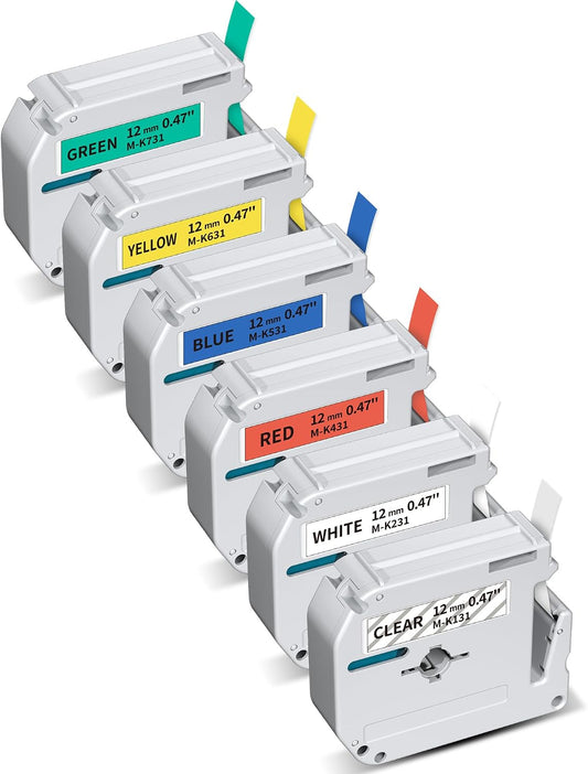 Brother M-K231S Compatible 6-Pack Color Combo Label Tape – 12mm x 8m, Assorted Colors (Clear/White/Red/Blue/Yellow/Green) for P-touch PT-M95/PT-80/PT-90