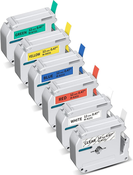Brother M-K231S Compatible 6-Pack Color Combo Label Tape – 12mm x 8m, Assorted Colors (Clear/White/Red/Blue/Yellow/Green) for P-touch PT-M95/PT-80/PT-90