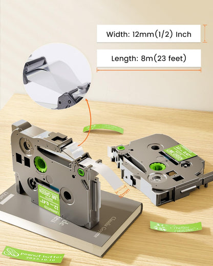 TZe-MQG35 Label Maker Tape Replacement for Brother P-Touch Label Tape | White on Lime Green TZe TZ 12mm 0.47" Laminated Matte for Ptouch PT-D210 D220 D200, 12 mm(1/2 Inch) x 8m(26.2ft), 3 Pack