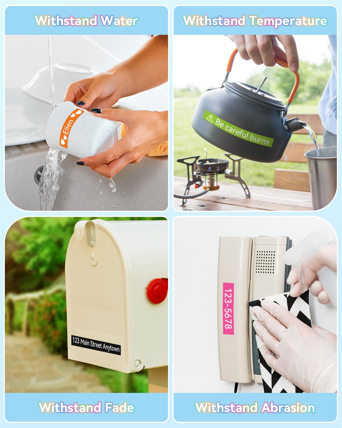 Performance test infographic of 12mm laminated TZe label tape refills for Brother P-Touch, four advantages: waterproof, temperature resistant, fade-proof, abrasion resistant, test scenes include cup, kettle, mailbox and telephone labels