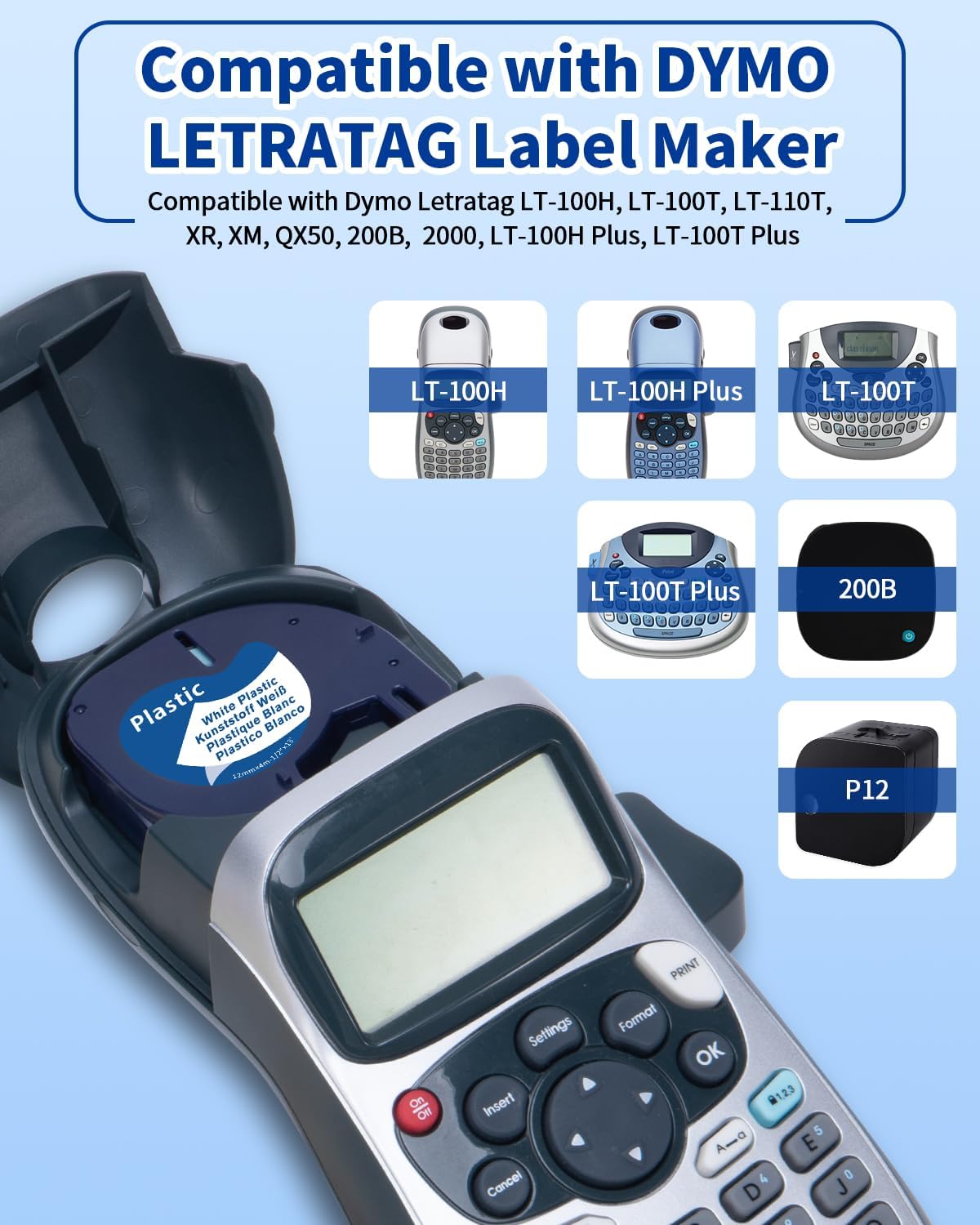 91331 Label Tape Replacement for Dymo LetraTag Label Maker Refills Plastic White 12mm x 4m 1/2 x 13 Work with Dymo Letra Tag LT-100H LT-100T QX50 200B 2000 Printer, Black on White