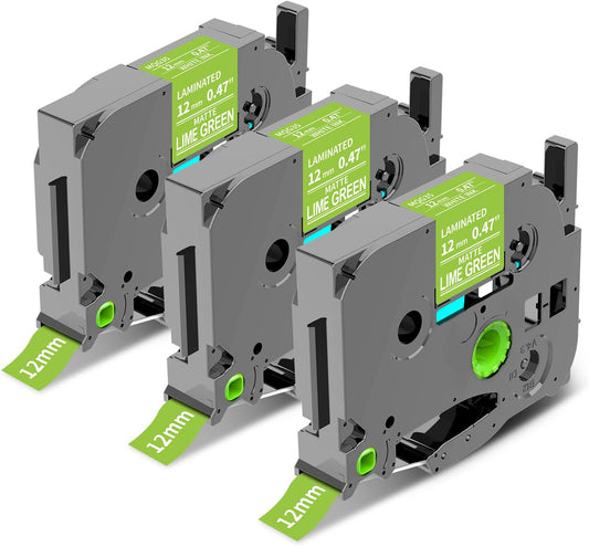 Brother P‑touch TZe‑MQG35 Compatible 12mm Green Laminated Label Tape – White on Green, 3 Rolls x 8m, for PT‑D210/PT‑D400/PT‑P750W