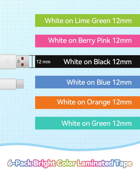 6 Pack 12mm colored laminated TZe label tape color chart, white text on lime green berry pink black blue orange green ribbons, replacement TZ refills compatible with Brother P-Touch label maker PT-D210 D220 H110 Cube D400