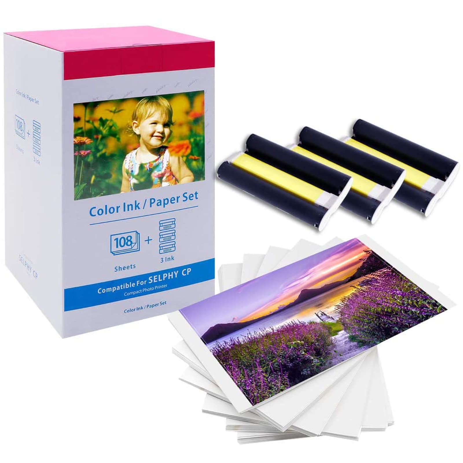 Compatible Replacement for Canon SELPHY KP-108IN Ink & Paper Set – 108 Sheets 4x6 Glossy Photo Paper + 1 Color Ink Cassette, Dye Sublimation Printing, for CP1500/CP1300/CP910 & More CP Series Printers