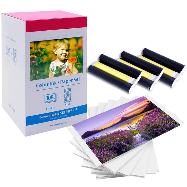 Compatible Replacement for Canon SELPHY KP-108IN Ink & Paper Set – 108 Sheets 4x6 Glossy Photo Paper + 1 Color Ink Cassette, Dye Sublimation Printing, for CP1500/CP1300/CP910 & More CP Series Printers