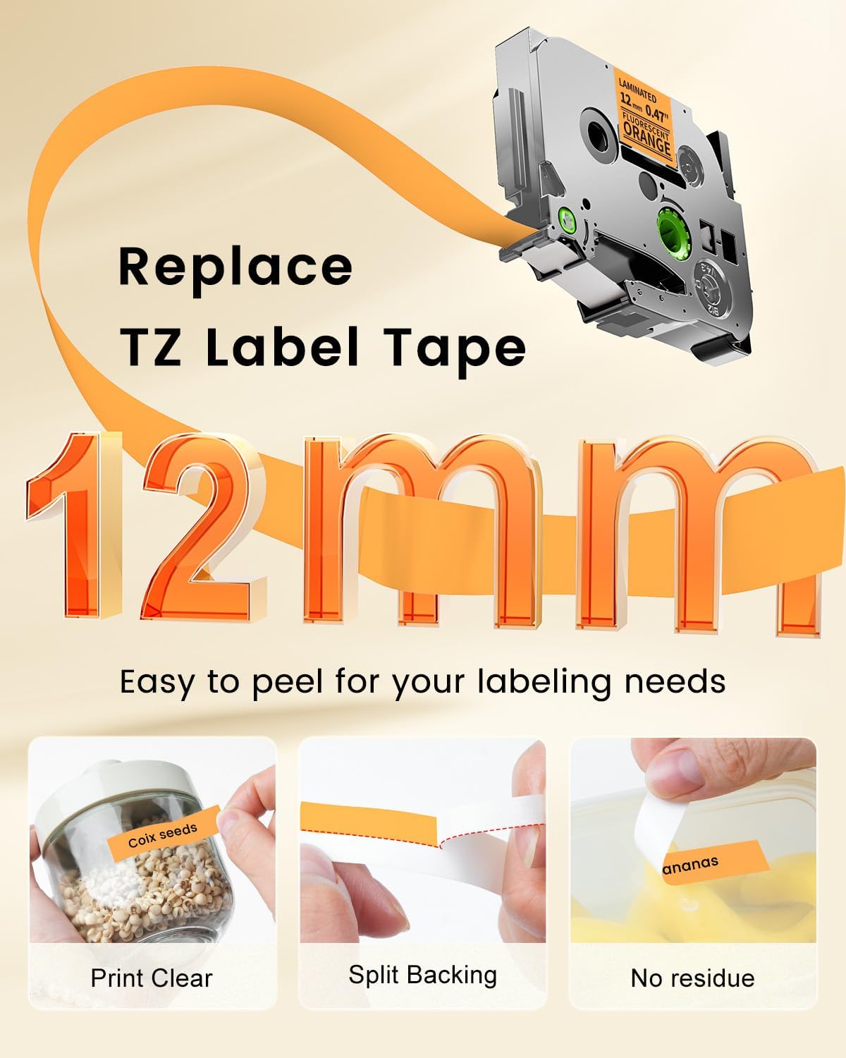 Orange Label Tape Replacement for Brother P-Touch Label Maker Tape TZe-B31 | Black on Orange TZ 12mm 0.47 Laminated for Ptouch PT-D210 D220 D200 Refills, 12 mm(1/2 Inch) x 8m(26.2ft), 3 Pack