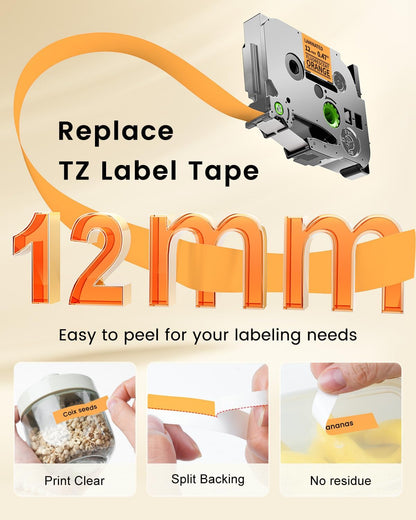 Orange Label Tape Replacement for Brother P-Touch Label Maker Tape TZe-B31 | Black on Orange TZ 12mm 0.47 Laminated for Ptouch PT-D210 D220 D200 Refills, 12 mm(1/2 Inch) x 8m(26.2ft), 3 Pack