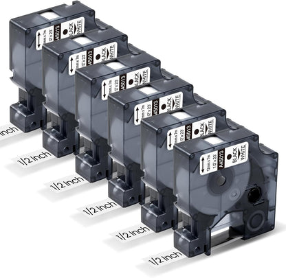 DYMO D1 45013 Compatible Tape Cartridges – 12mm Black on White, 6 Rolls x 7m, Ideal for Office, Warehouse & Cable Labeling