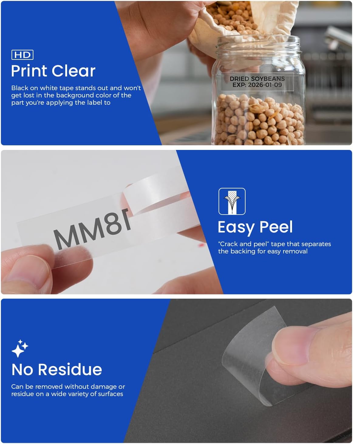 Black Text on Clear Label Tape for Brother P-touch Label Makers.Easy Peel Split Back Clear Label Tape for Quick Application