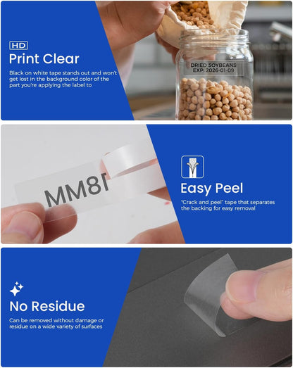 Black Text on Clear Label Tape for Brother P-touch Label Makers.Easy Peel Split Back Clear Label Tape for Quick Application