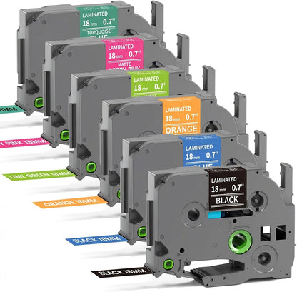 Brother P-touch TZe-MQP45 Compatible 18mm Laminated Color Label Tape – 6 Assorted Colors (Berry Pink/Blue/Yellow/Green/Black/Lime Green) with White Text, for PT-D400/PT-1300/PT-1880