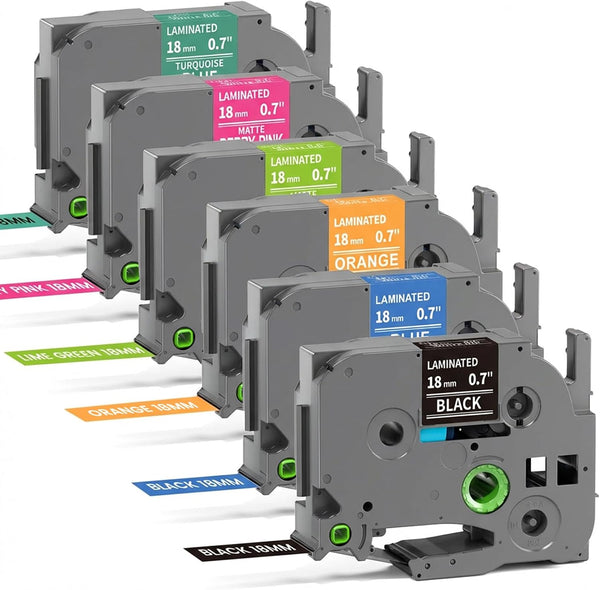 Brother P-touch TZe-MQP45 Compatible 18mm Laminated Color Label Tape – 6 Assorted Colors (Berry Pink/Blue/Yellow/Green/Black/Lime Green) with White Text, for PT-D400/PT-1300/PT-1880