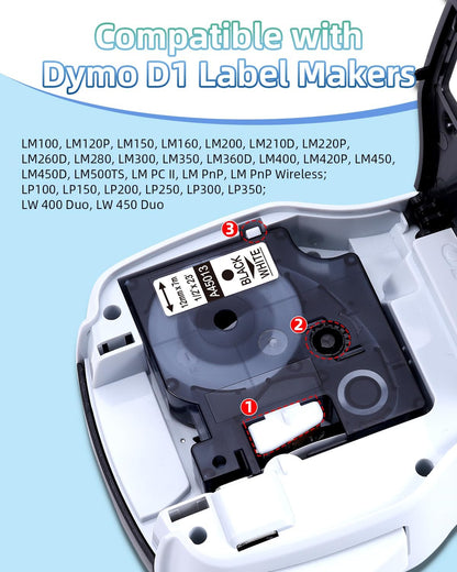 Compatible with DYMO D1 45013 Label Tape, 12mm Black on White Label Maker Refills, 1/2 Inch x 23 Ft (7m), Replacement Tape for DYMO LabelManager