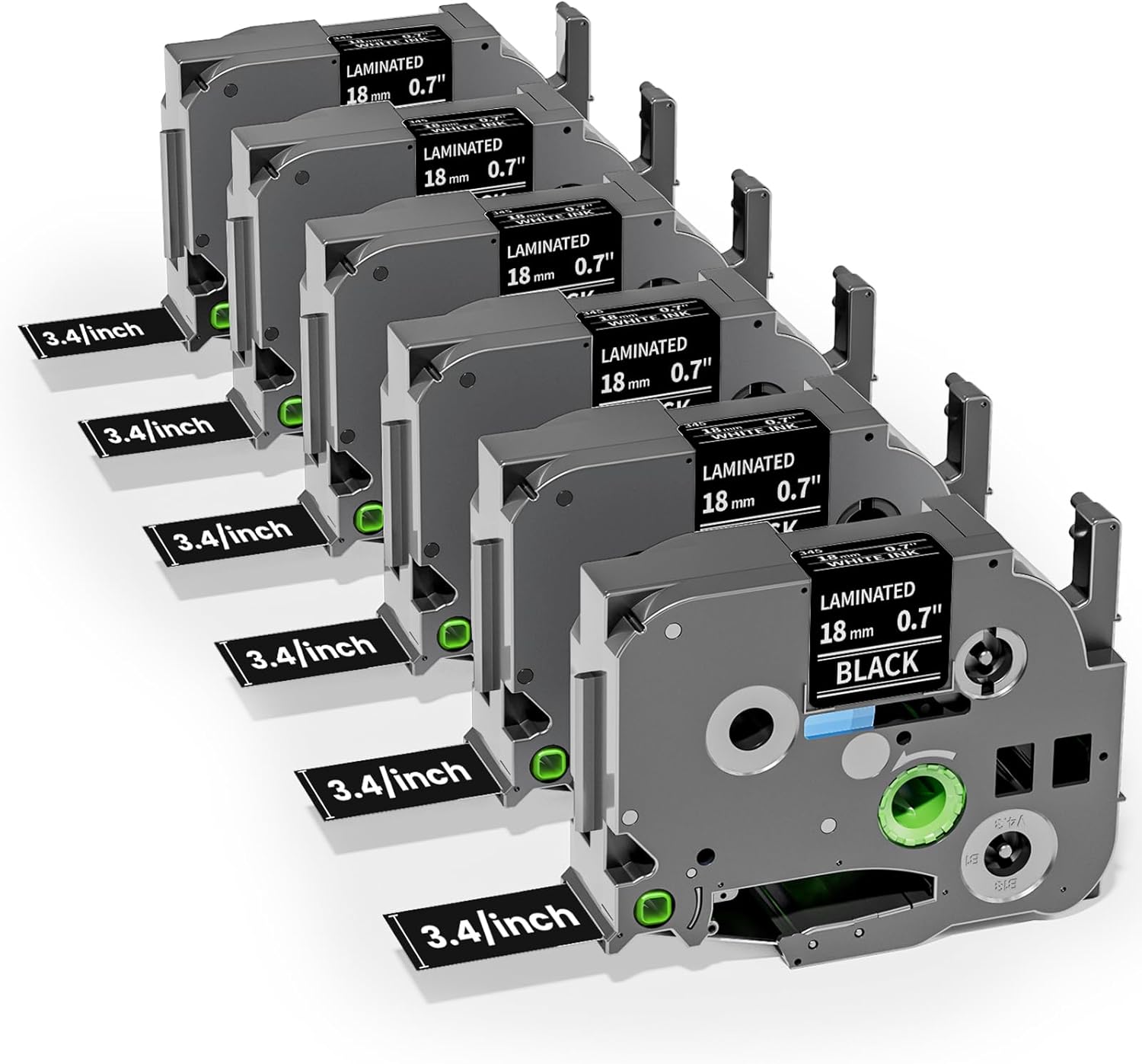 Brother P‑touch TZe‑345 Compatible 18mm Black Laminated Label Tape – White on Black, 6 Rolls x 8m, for PT‑D400/PT‑D600/PT‑P710BT