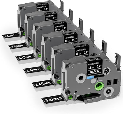 Brother P‑touch TZe‑345 Compatible 18mm Black Laminated Label Tape – White on Black, 6 Rolls x 8m, for PT‑D400/PT‑D600/PT‑P710BT