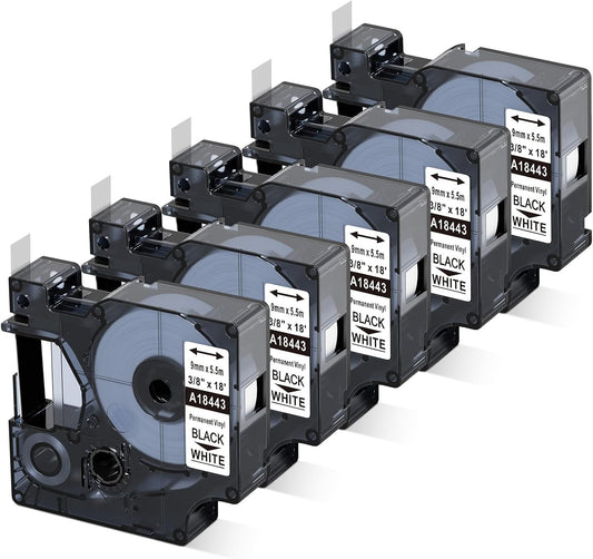 DYMO Rhino 18443 Compatible Permanent Vinyl Label Tape – 9mm (3/8") x 18ft, Black on White for Industrial Equipment